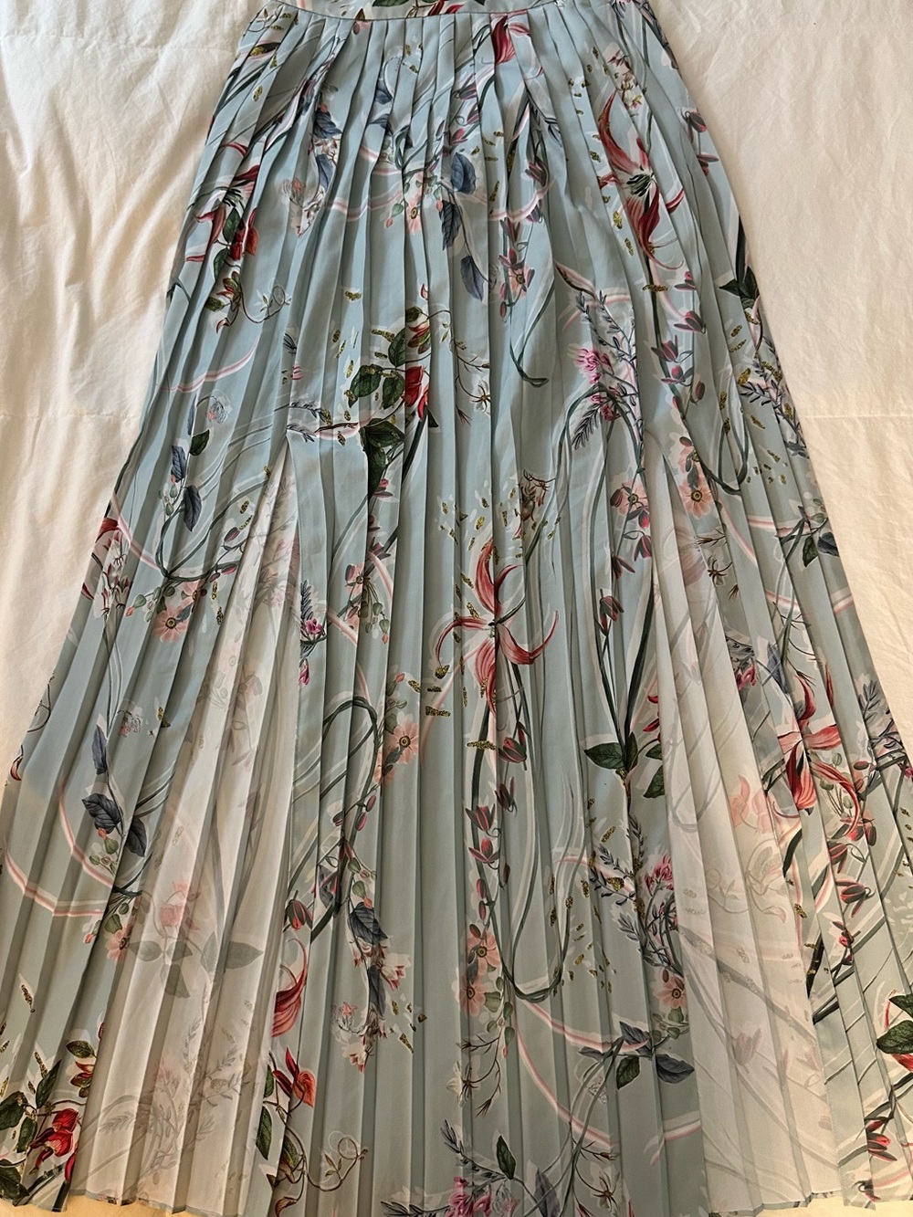 Bebe Pleated Floral Maxi Skirt in Light Blue